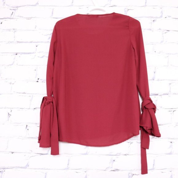 2/$20 pearl tie bell sleeve red blouse b635 - Picture 4 of 7